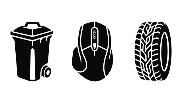 Collection of icons featuring a rolling waste bin a computer mouse and a heavy duty tire tread