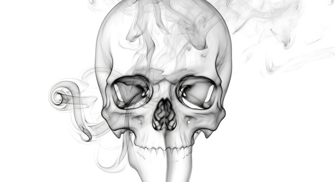 Anatomical human skull with smoke effects in a studio setting with neutral background