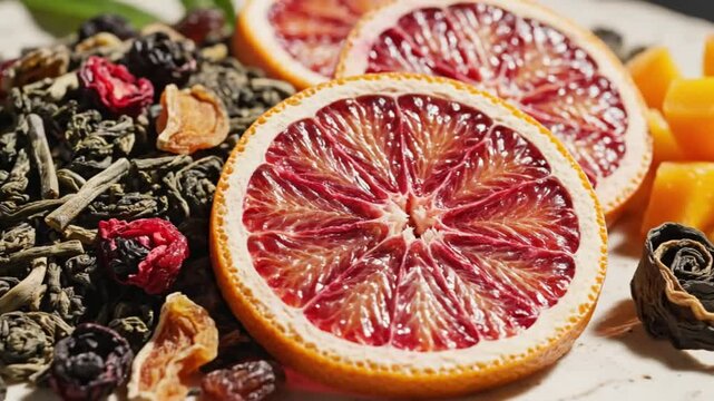 Close up of a herbal tea with dried fruits and blood orange slices on a white ceramic plate