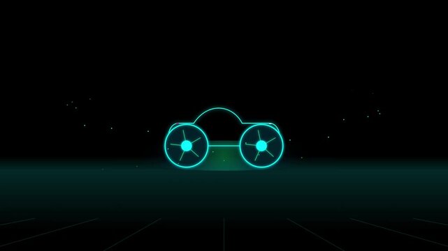 Neon glowing outline of a futuristic car concept with large wheels on a dark digital background with particles