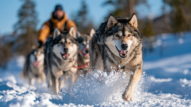 Energetic husky dog leading a sled team through snowy winter trail