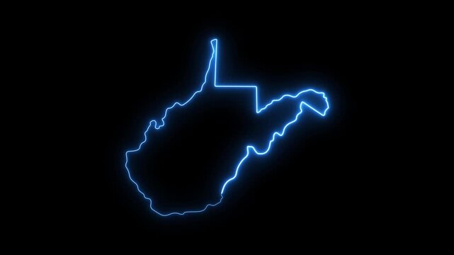 Glowing neon blue map outline of west virginia state, digital technology concept motion