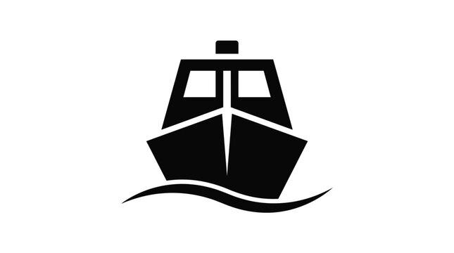 Minimalist black ship vector graphic icon showing a sturdy vessel sailing across dark stylized waves on a white flat background