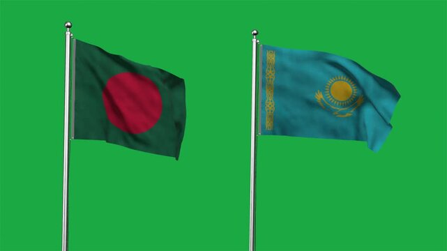Bangladesh and Kazakhstan Waving Flags, 3D Illustration