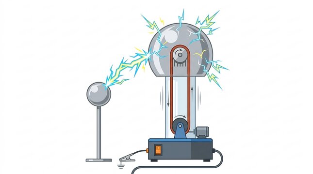 Electrostatic Generator Producing High Voltage Electric Sparks Between Two Metal Spheres on a White Background &ndash; Physics Diagram Illustration
