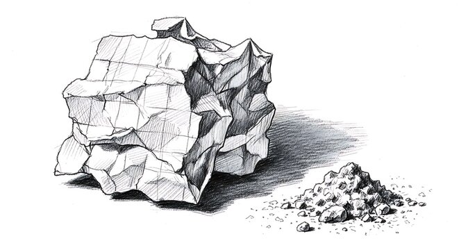 Close-up of a textured rock with pencil hatching shading on white background