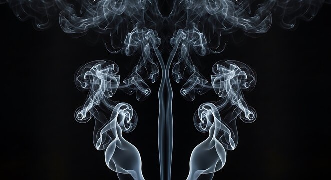 Symmetrical smoke pattern forming abstract shapes in dark studio setting with high contrast lighting