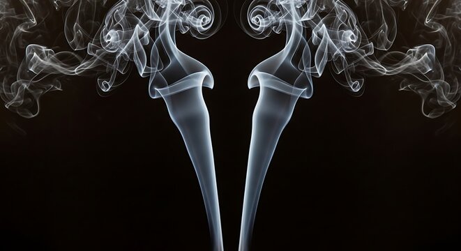 Symmetrical smoke patterns forming abstract shapes in black background with copy space