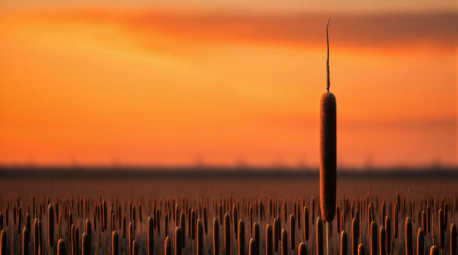 Endless marsh landscape featuring a remarkably tall brown cattail standing high above shorter identical plants at sunset