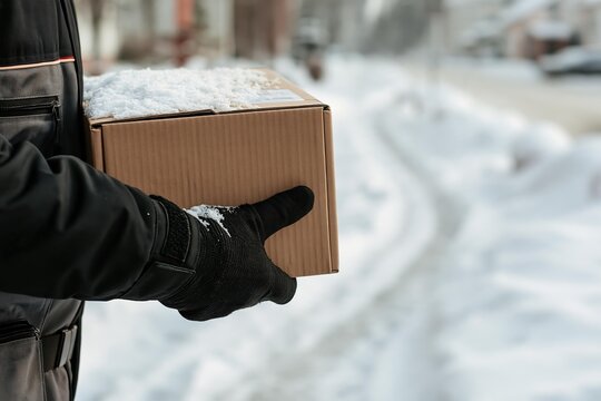 Delivery person holding a snow-covered package in winter. Person in dark jacket and gloves delivers cardboard box to location. Courier service operates during adverse weather conditions