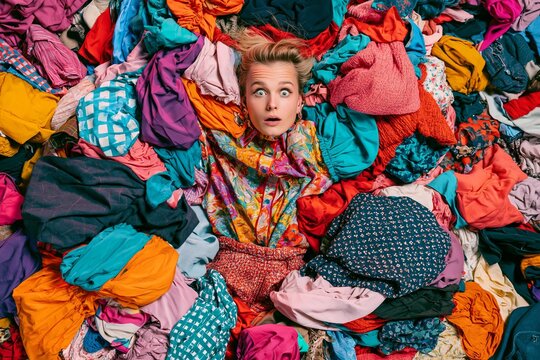 Young woman reacts in shock surrounded by pile of clothes. Colorful fabric tumbles around a person. Chaos and disorder overcome a frantic individual