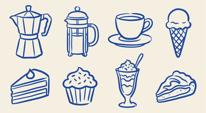 Hand drawn blue line art vector set of coffee and dessert items on beige background