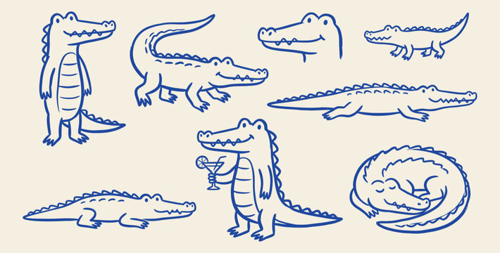 Hand drawn blue line art vector set of cute alligators and crocodiles in various poses