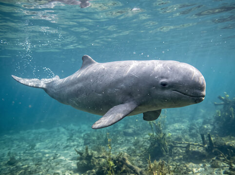 Majestic Irrawaddy dolphin exploring its natural habitat underwater in shimmering blue water