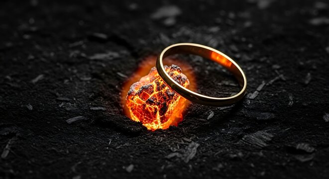 Close-up of a gold ring with fiery molten lava on a dark textured surface