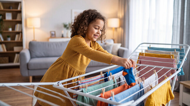 Girl hanging colorful laundry on folding drying rack in bright living room, smiling child indoors at home with family furnishings