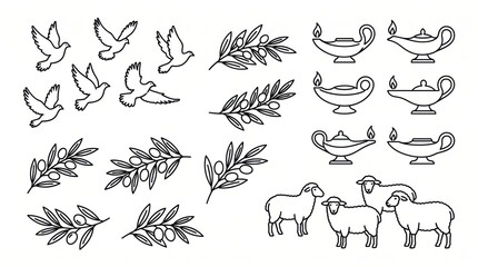Obraz premium christian biblical line art icon set with doves, olive branches, oil lamps, and sheep. christmas religious peace elements. flat outline graphic, banner, website header.