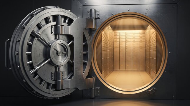 Open heavy steel bank vault door with illuminated interior