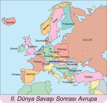 II. D&uuml;nya Savaşı Sonrası Avrupa Haritası - T&uuml;rk&ccedil;e (Europe Map After World War II - Turkish Language)   