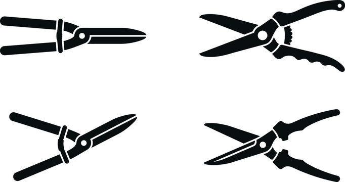 Set of garden shears and pruning scissors icons, hedge trimmer symbols, landscaping tool graphics, and secateurs vector illustration