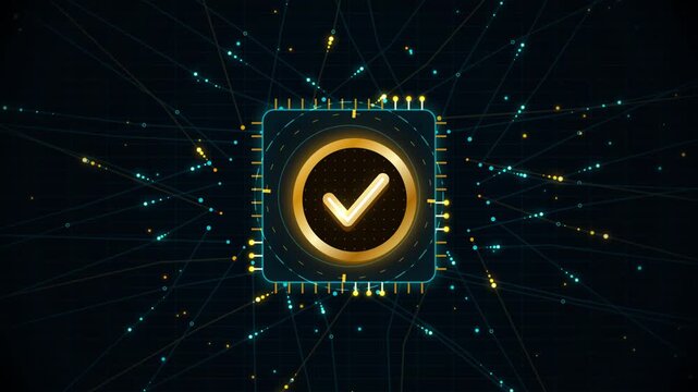 Abstract digital network with glowing golden checkmark inside a stylized central processor emphasizing security and confirmation with glowing data points