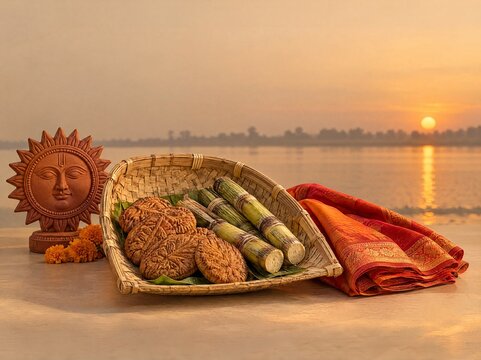 Glossy walnut wood Chhath Puja Sandhya Arghya sun basket offering river bank ritual on warm beige background editorial