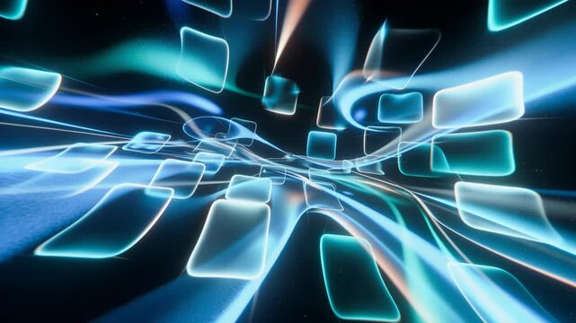 Glowing cyan light trails and translucent forms in an abstract style on a dark background, suggesting speed and innovation