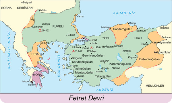 Historical Map of Ottoman Interregnum (Fetret Devri) in Turkish Language, Ottoman Empire and Anatolian Beyliks Map