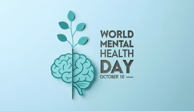 World mental health day brain with green leaves illustration