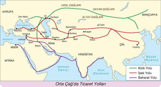 Orta &Ccedil;ağ'da Ticaret Yolları - Historical Trade Routes Map in Turkish (Silk Road, Spice Road, Fur Road / İpek Yolu, Baharat Yolu, K&uuml;rk Yolu - T&uuml;rkiye, Asia, Europe)