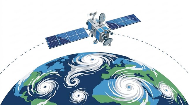 Weather Satellite in Orbit Monitoring Earth with Storm Systems and Cyclones from Space &ndash; Space Science Illustration