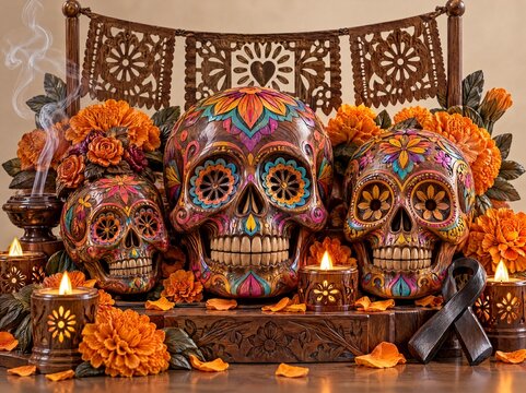 Glossy walnut wood sugar skull trio colourful calavera Mexican Day of the Dead decoration on warm beige background editorial