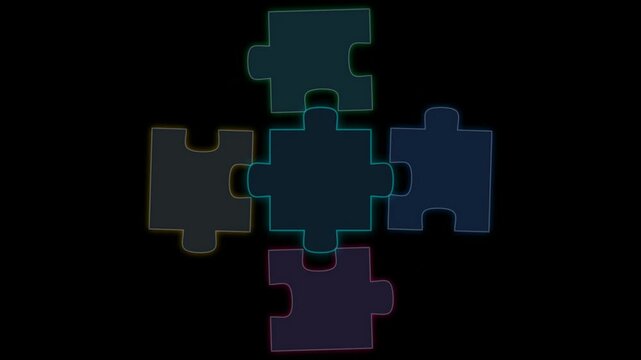 Five glowing puzzle pieces connected together in a cross shape on a black background, representing teamwork, problem solving, and business strategy concept