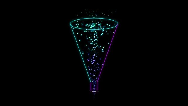 Abstract neon funnel illustration with glowing particles flowing through a conical shape on a black background, representing data processing or filtering concept