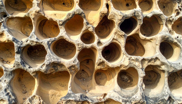 Natural sandstone tafoni rock erosion texture background with honeycomb holes