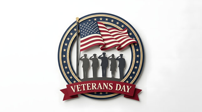 Veterans day patriotic badge with saluting soldiers and waving american flag military tribute national holi