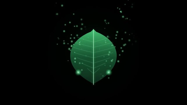 Abstract glowing green leaf shape with sparkling particles on a dark background, digital art concept of nature and energy