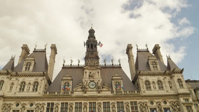 Historic Facade and Clock Tower of Paris City Hall, France