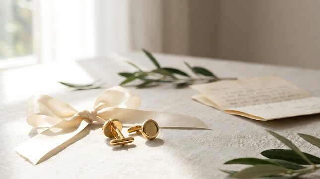Gold cufflinks with a silk ribbon and stationery on a textured table