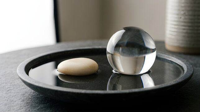 Clear glass sphere and smooth white stone resting in a black water tray