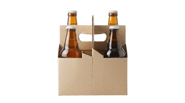 Four glass beer bottles in a brown cardboard carrier isolated on transparent background