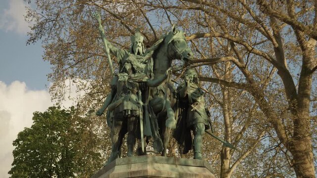 Charlemagne Monument with Bronze Equestrian Statue Near Notre Dame Cathedral in Paris, France