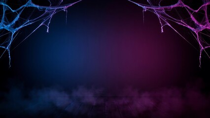 Obraz premium Spooky Halloween background with blue and purple neon light, fog, and cobwebs