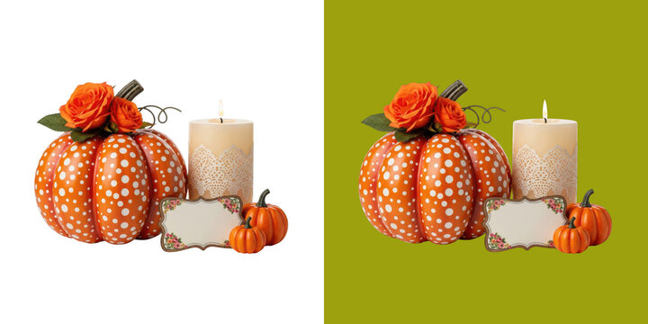 Polka dot decorative pumpkin with orange roses and burning candle transparent png