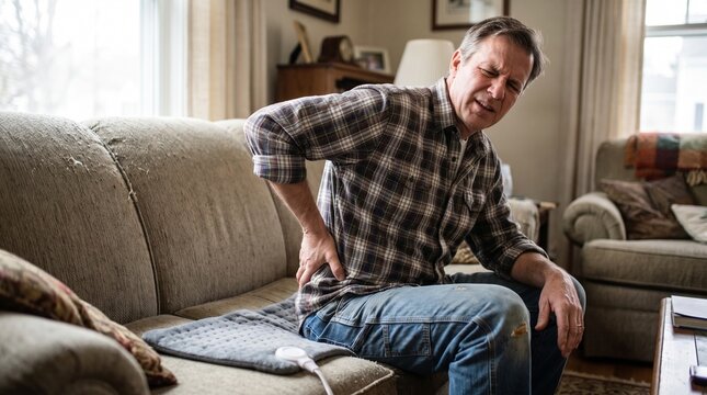 Mature man sitting on a sofa at home holding his lower back in pain with an electric heating pad