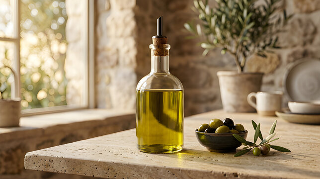 Glass bottle of extra virgin olive oil on a rustic stone kitchen counter