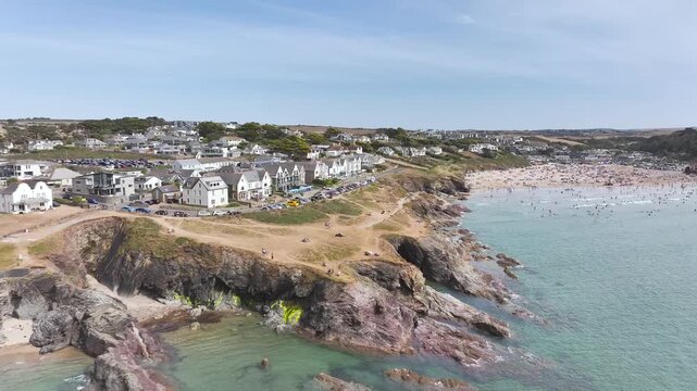 Polzeath Beach over Padstow Bay from a drone, Polzeath, Cornwall, England, Summer 2026