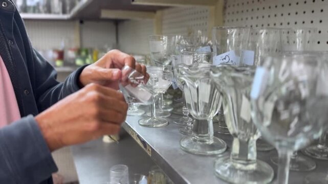 Close-up of a man examining secondhand drinking glasses and stemware while bargain shopping for household items at a thrift store. 15420  