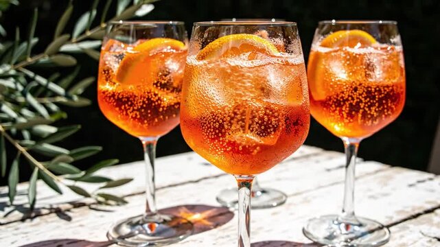 Three refreshing Aperol Spritz cocktails with ice and orange slice garnished on an outdoor table in the sun
