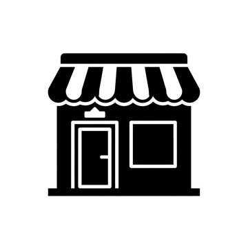 Minimalist black and white vector illustration of small independent retail storefront with awning